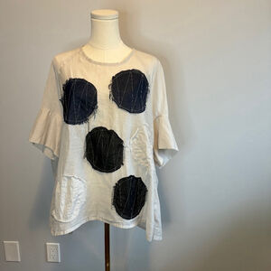 Kedziorek Women's Polka Dot Short Sleeve Top SZ 36, Tan and Black